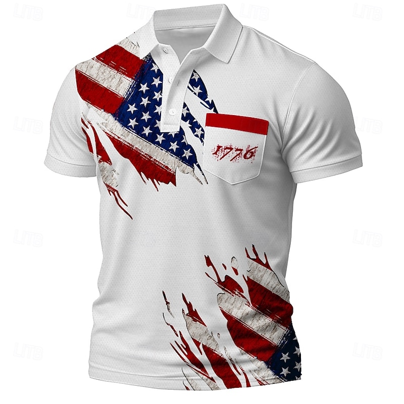 American Independence Day Men's American US Flag Polo Short Sleeve Polo Shirts Collared Shirts Casual Outdoor Athleisure Daily Wear Buttons Pocket 3D Print Summer White 1 White Red3
