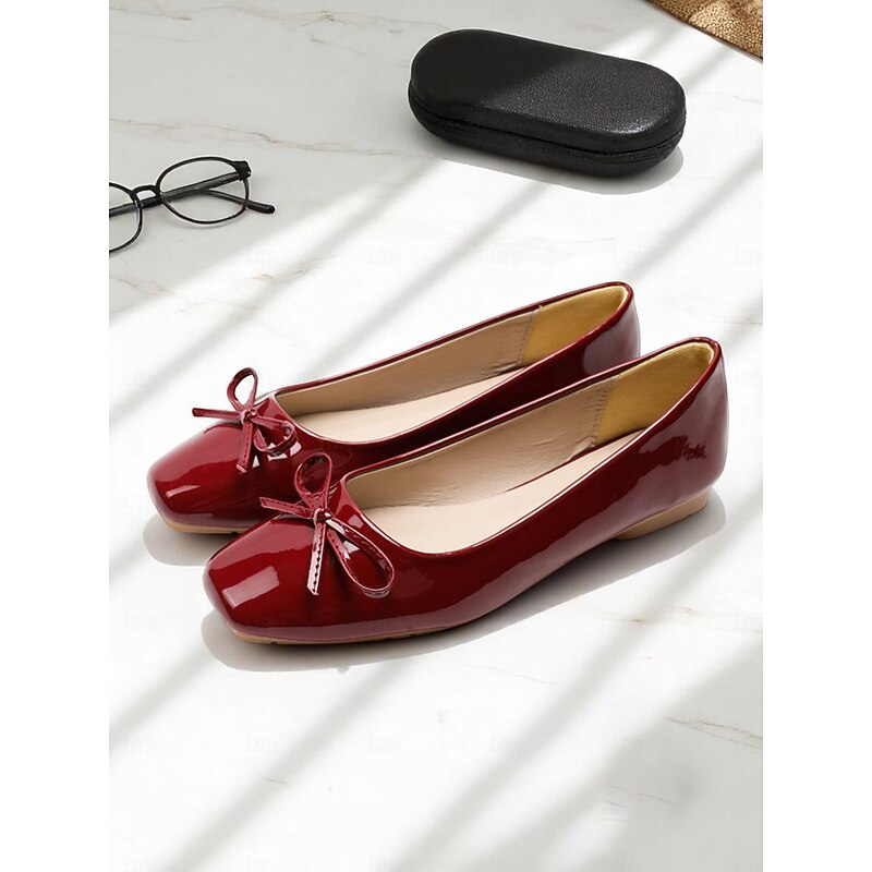 Women's Patent Faux Leather Ballet Flats – Square Toe Slip-On Office Shoes with Bow Detail for Professional Workwear, Daily Commuting and Smart Casual Outfits3
