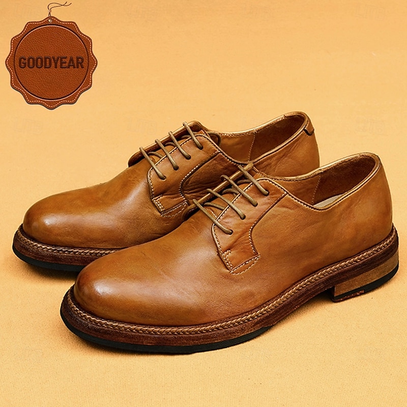 Men's Tan Leather Derby Shoes with Goodyear Welt and Clean Design - Stylish Dress Shoes for Formal, Wedding and Business Events