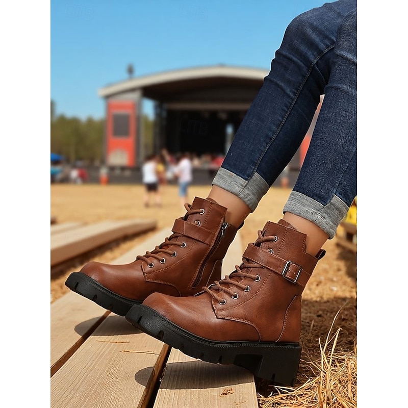 Women's Brown Lace-Up Combat Boots with Side Zipper and Chunky Lug Sole – Stylish Outdoor Ankle Boots for Fall, Winter, and Casual Streetwear2