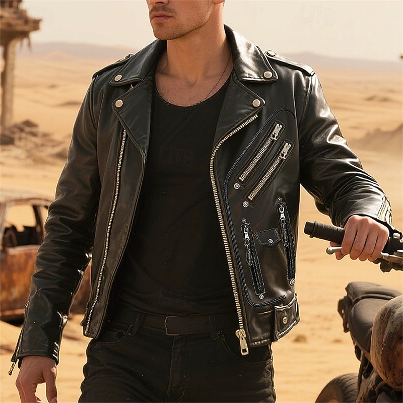 Men's Faux Leather Jacket Biker Jacket Motorcycle Jacket Vacation Daily Windproof Warm Zipper Pocket Fall Winter Plain Fashion Classic Lapel Regular Black Jacket