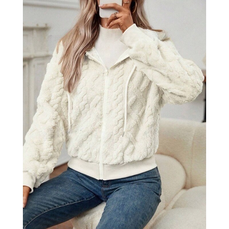 Women's Teddy Coat Hoodie Jacket Warm Comfortable Zipper Casual Plain Outdoor Vacation Holiday Going out Zipper Regular Hooded Regular Fit Long Sleeve Outerwear Black White Pink Fall Winter2