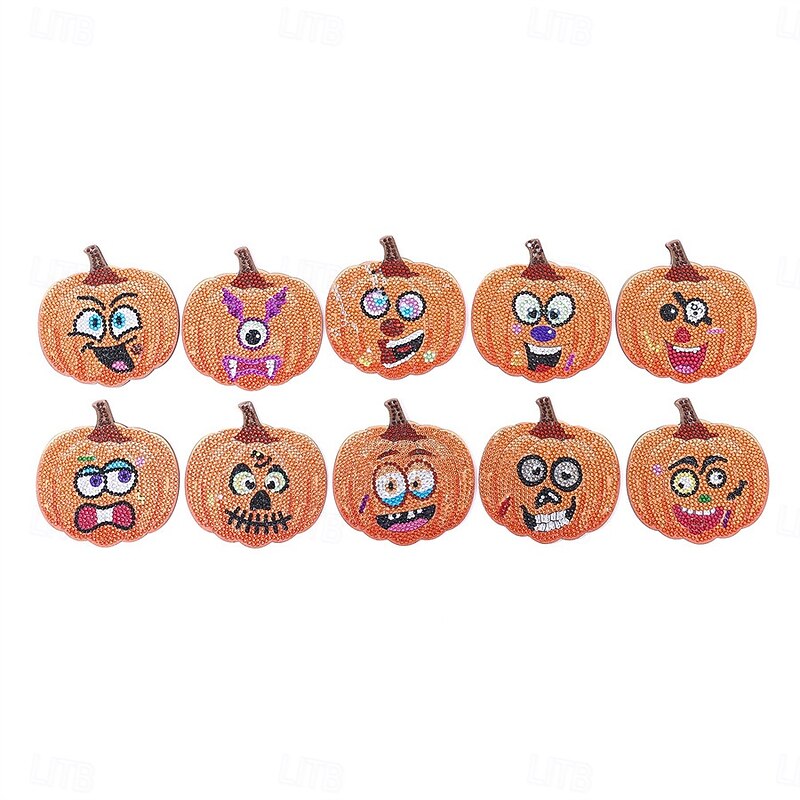 10pcs Halloween Pumpkin Wooden Coaster Set, Handmade DIY Dot Diamond Art Cup Mats, Insulated Non-slip Drink Coasters with Stand for Party Table Decor4
