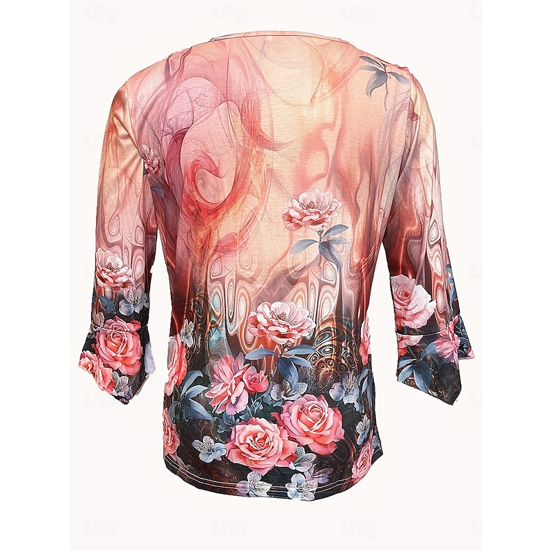 Women's Blouse V Neck Floral Graphic Elegant Stylish Casual 3/4 Length Sleeve Crew Neck Regular Tops Daily Going out Buttons Pink Blue Orange Summer Spring Fall2