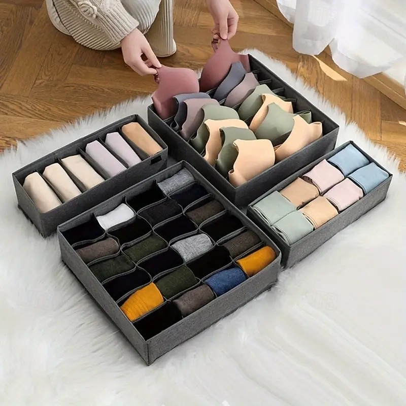 4 Pack Drawer Organizer for Baby Clothes, Linen Fabric Nursery Organizer for Baby Diaper, Collapsible Deep Fabric Drawer Organizer with Zipper for Socks, Bra, Towels, Ties4