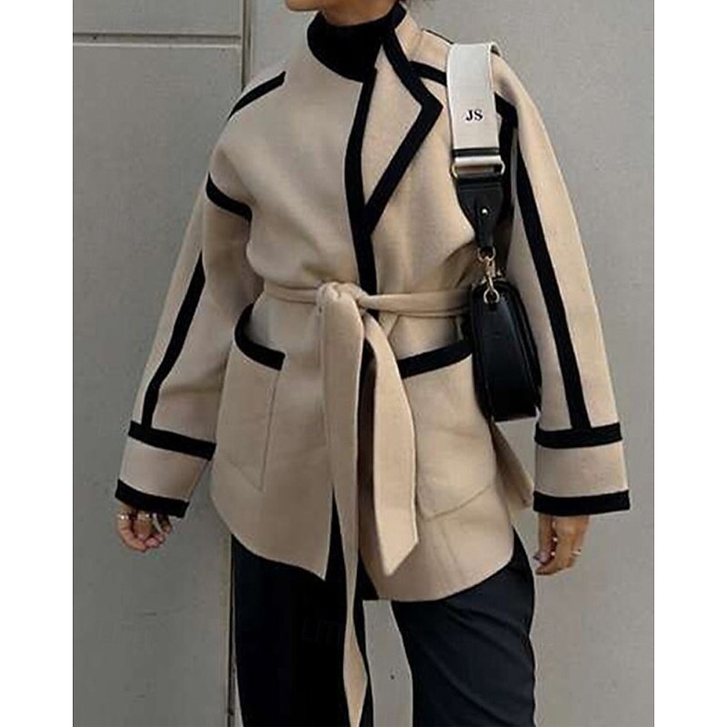 Women's Winter Coat Warm Comfortable Lace up Pocket Fashion Outdoor Patchwork Outdoor Weekend Open Front Regular Stand Collar Regular Fit Long Sleeve Outerwear Apricot Fall Winter2