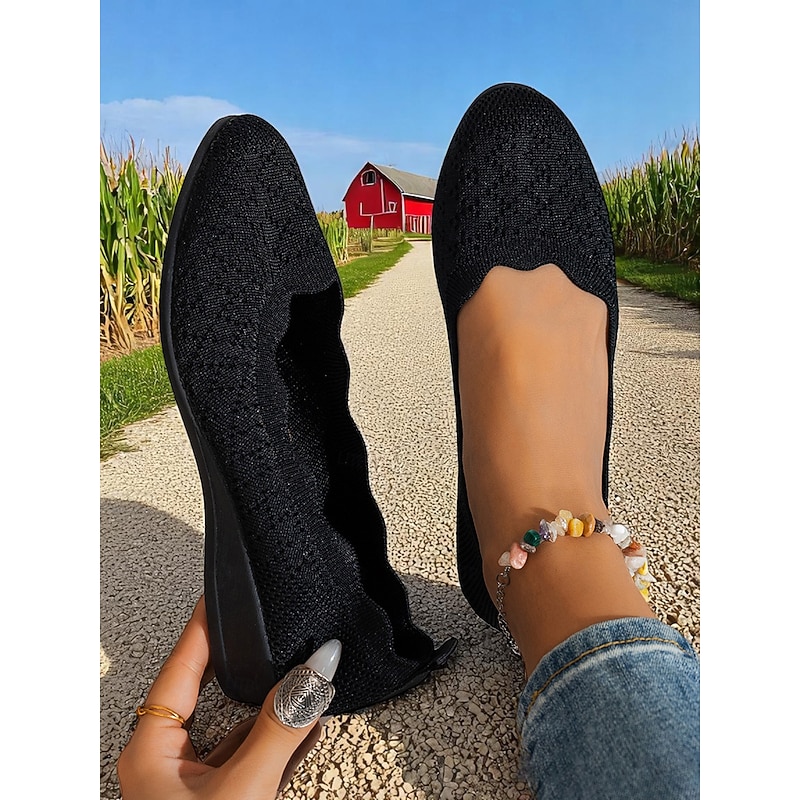 Women's Black Knit Slip-On Flats, Breathable Fly-Weave Round-Toe Shoes for Casual Outings, Office Commute and Summer Countryside Walks3