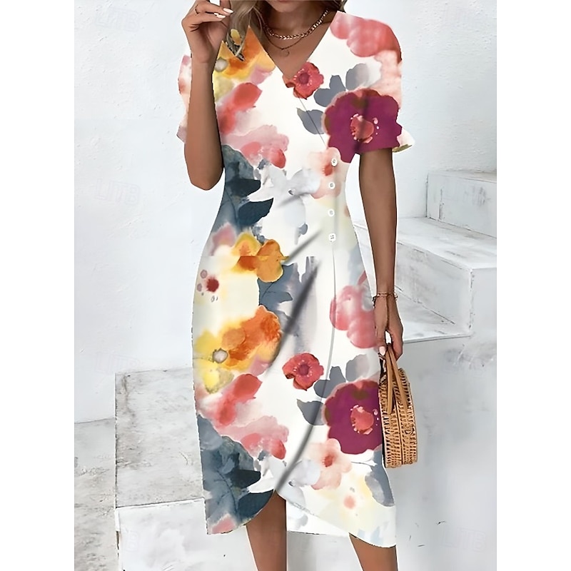 Women's Midi Dress Wrap Dress Elegant Lightweight Puff Sleeve Short Sleeve V Neck Going out Regular Fit Floral Graphic White Blue Orange Rainbow3