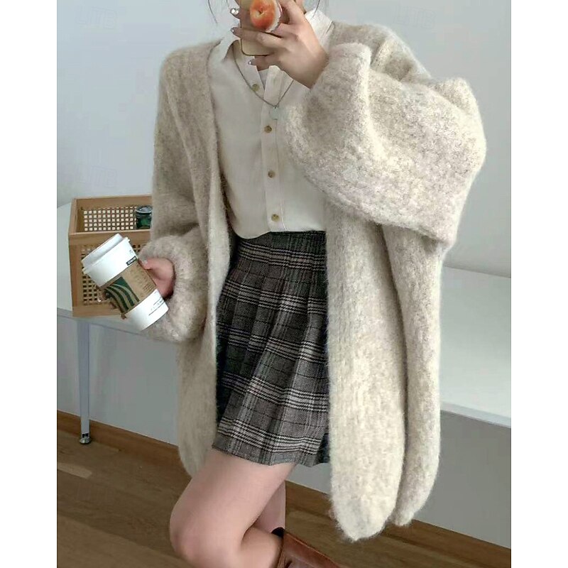 Women's Cardigan Fashion Solid Color Ribbed V Neck Knitted Long Sleeve Regular Tops Knit Outdoor Daily Going out Beige Coffee Fall