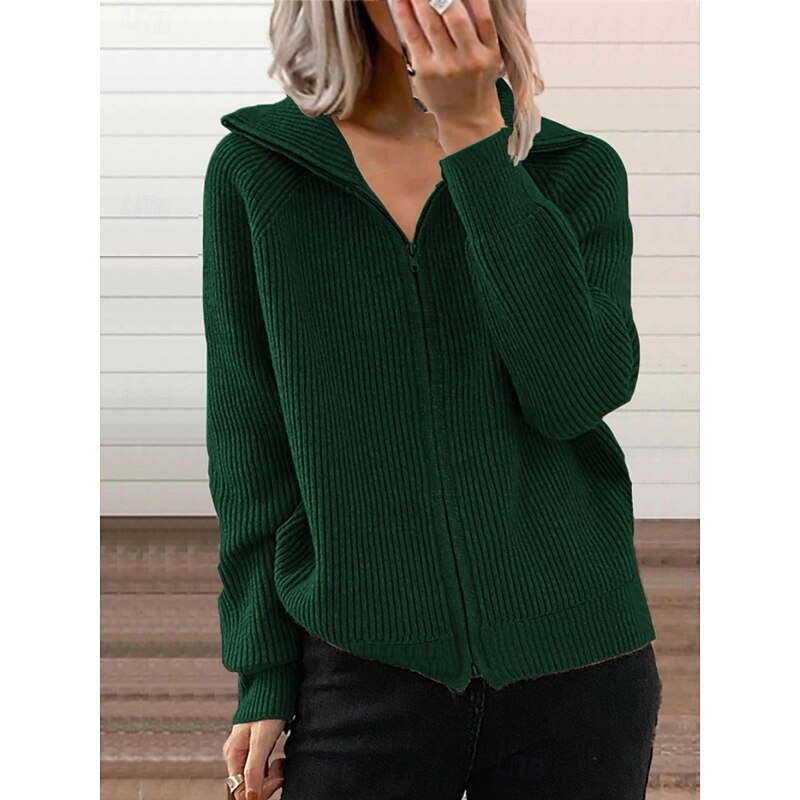 Women's Sweater Cardigan Elegant Fashion Streetwear Pure Color Shirt Collar Zipper Knitted Long Sleeve Regular Tops Knit Outdoor Daily Weekend Black Blue Fall Winter4