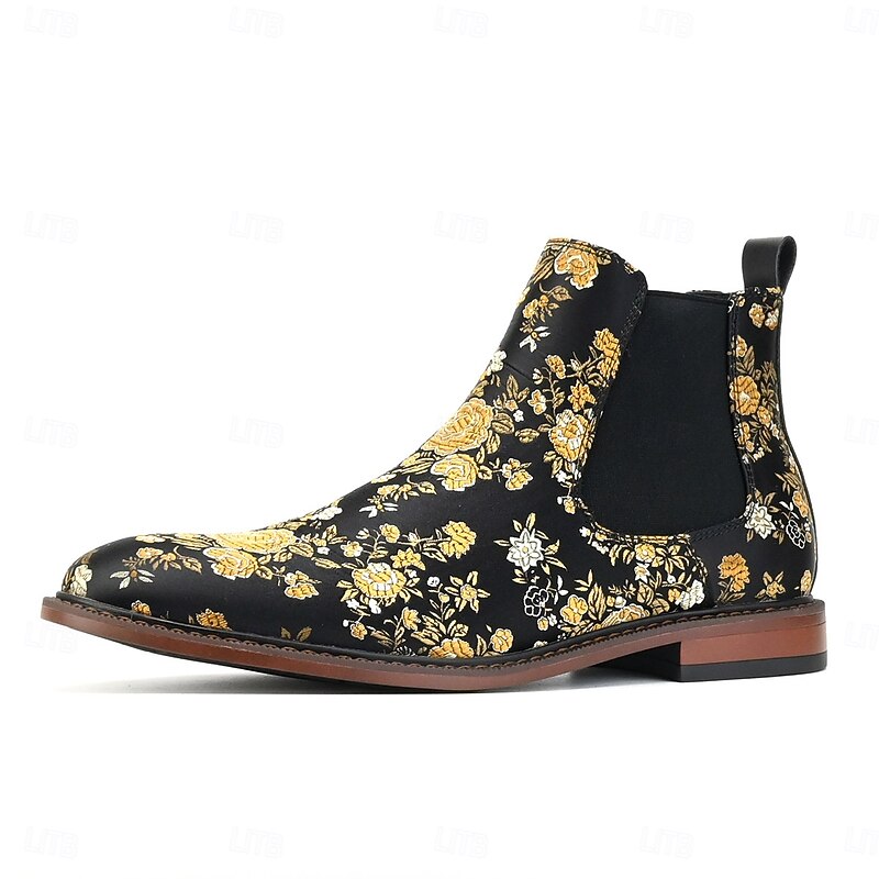 Men's Black Floral Print Chelsea Boots – Unique Slip-On Design with Vibrant Floral Pattern, Ideal for Fashion Events and Special Occasions3