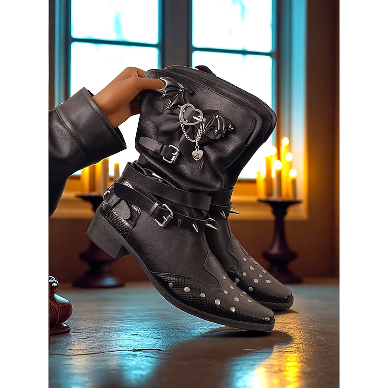 Women's Black Punk Gothic Ankle Boots with Bat and Cross Details - Spiked and Studded Design, 1980s Alternative Fashion, Ideal for Nightlife Events, Halloween Parties, and Retro Style Enthusiasts2