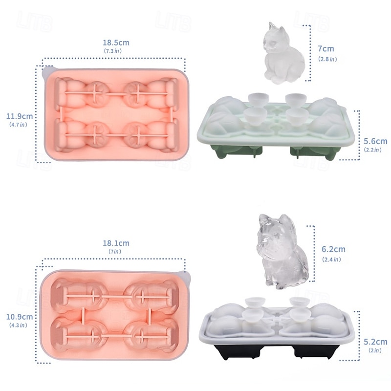 1pc Ice Cube Mold 2.4''/2.8'' Large 4 Cubes, French Bulldog,Cat, Ice Cube Tray with Lid, Fun and Cute Gifts for Whiskey, Cocktails and Bourbon with Easy Release3