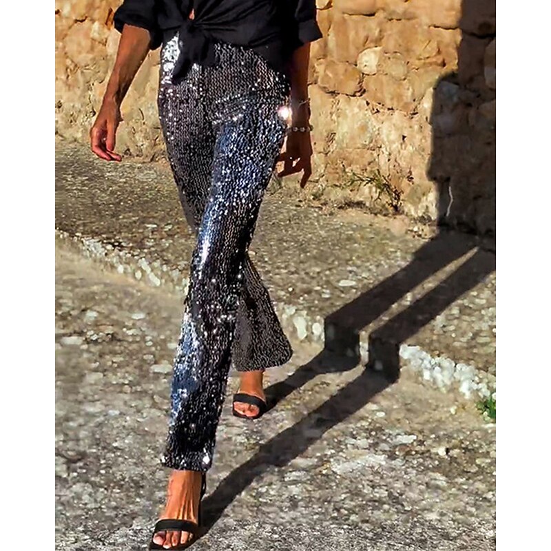 Women's Flared Pants Pants Trousers Fashion Streetwear Full Length High Waist Solid Color Sequins Elastic Waist Breathability Comfortable Micro-elastic Party Going out Black Summer Regular Fit3