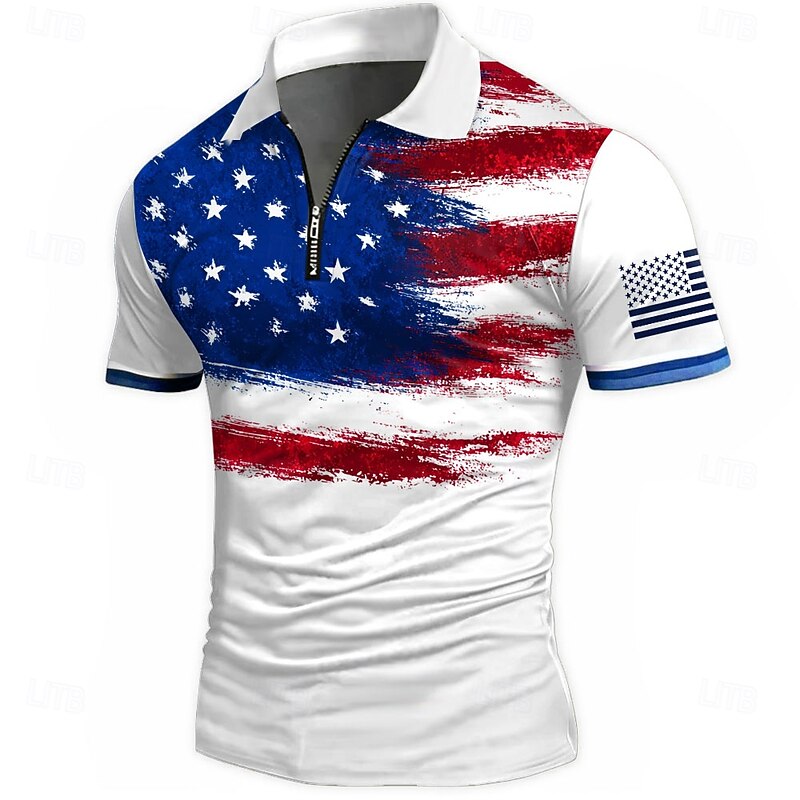 American Independence Day Men's American Flag Zip Polo Shirts Short Sleeve Polo Shirts Collared Shirts Casual Athleisure Daily Wear 3D Print Summer White Blue2