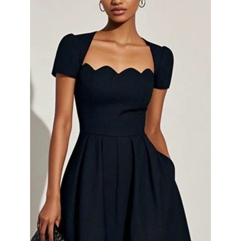 Women's Midi Dress A Line Dress Fit And Flare Dress Elegant Party Cocktail Outdoor Party Wedding Guest Regular Fit Solid Color Short Sleeve Square Neck Black Green Summer2