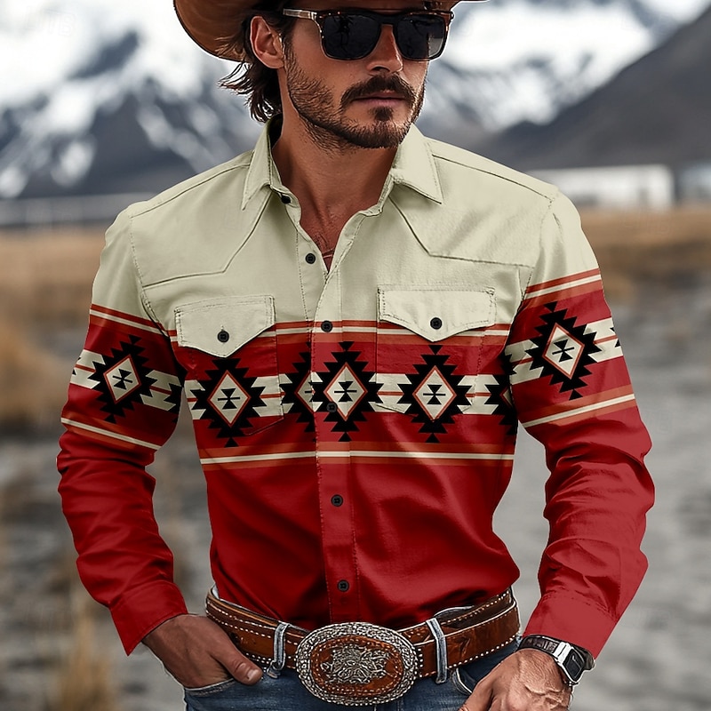 Men's Aztec Indian Culture Shirt Western Shirt Cowboy Shirt Long Sleeve Vintage Western Style Tribal Outdoor Daily WorkWear Fall & Winter Turndown 3D Print Front Two Pockets Button Up Shirts Red Brown