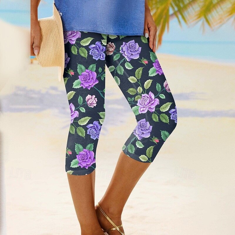 Women's Capri Pants Leggings Cozy Leggings Streetwear Casual Calf-Length High Waist Floral Elastic Waist Breathability Stretchy Vacation Street Daily Wear Deep Purple Navy Black Blue Fall Regular Fit3