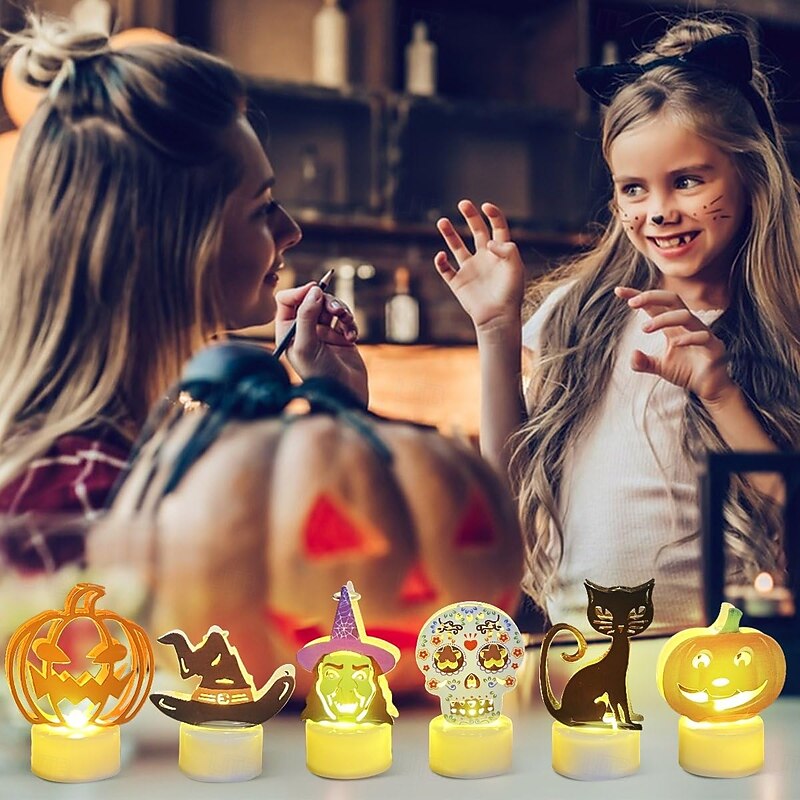 6 Pcs/1set Halloween LED Candle lights Decorative Pumpkin Witch Black Cat Skull Witch Hat Indoor Festival Party Restaurant Halloween Atmosphere Decorative Lights4