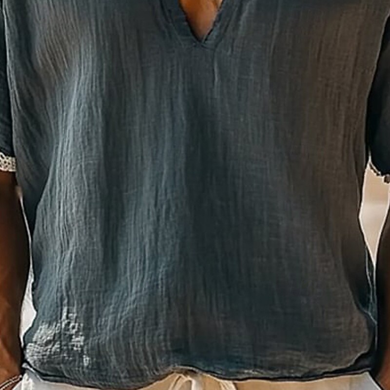 Men's T Shirt Tee Short Sleeve Shirt Tee Top Short Sleeve V Neck Summer Solid Color Bohemia Vintage Casual Patchwork Vacation Street Casual Daily Navy Blue Top Tee for Men3