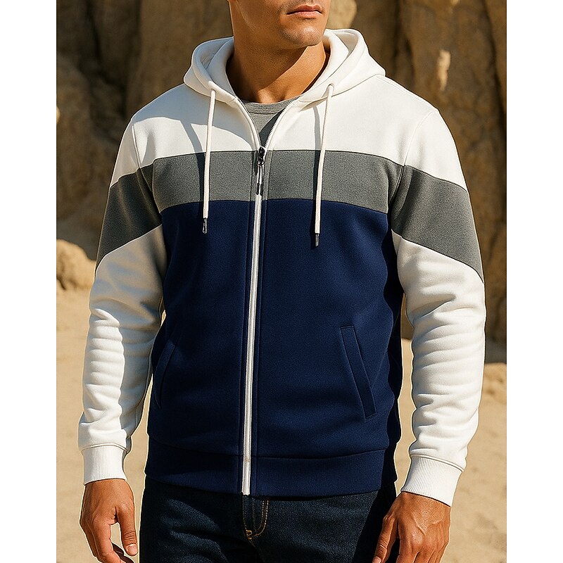 Men's Running Jacket Outdoor Jacket Drawstring Pocket Long Sleeve Top Athleisure Fall Patchwork Windproof Hiking Running Sportswear Activewear White Red Blue3