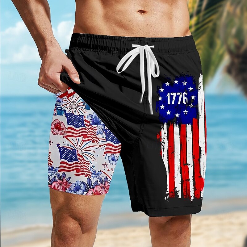 Independence Day Men's US Flag Patriotic 1776 Lined Shorts 2 in 1 Board Shorts Swim Trunks Mid Waist Holiday Side Pockets With Compression Liner Elastic Drawstring Waist Designer Clothing Apparel
