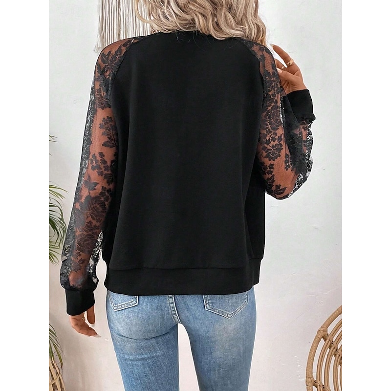 Women's Bomber Jacket Comfortable Breathable Lace Patchwork Zipper Pocket Elegant Casual Plain Vacation Street Casual Daily Wear Zipper Regular Stand Collar Regular Fit Long Sleeve Outerwear Black2