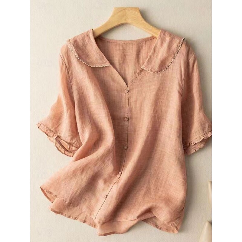 Women's Cotton Linen Shirts Solid Color Basic Casual Short Sleeve Shirt Collar Regular Tops Daily Buttons White Pink Blue Orange Green Summer Spring2