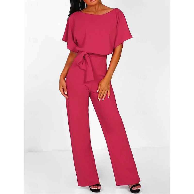 Women's Jumpsuit Elegant Belted Waist Red Wide-Leg Round Neck Short Sleeve Solid Color Party Work Casual Spring Summer Clothing Apparel2