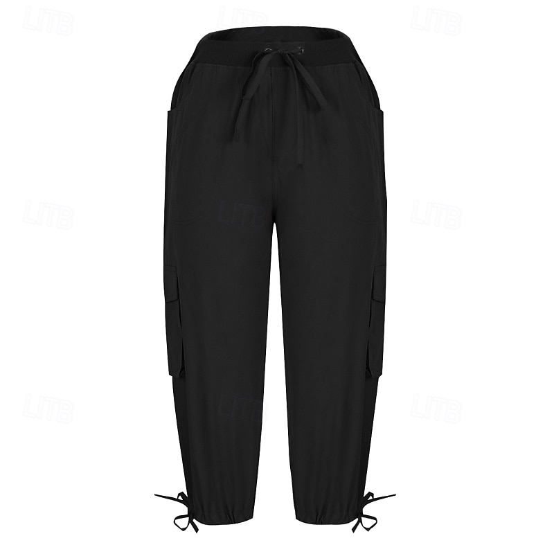Women's Cargo Pants Slacks Streetwear Casual Calf-Length Natural Plain Pocket Elastic Drawstring Design Comfy Outdoor Comfortable Outdoor Streetwear Camel Dark Brown Light Sky Blue Black Summer4