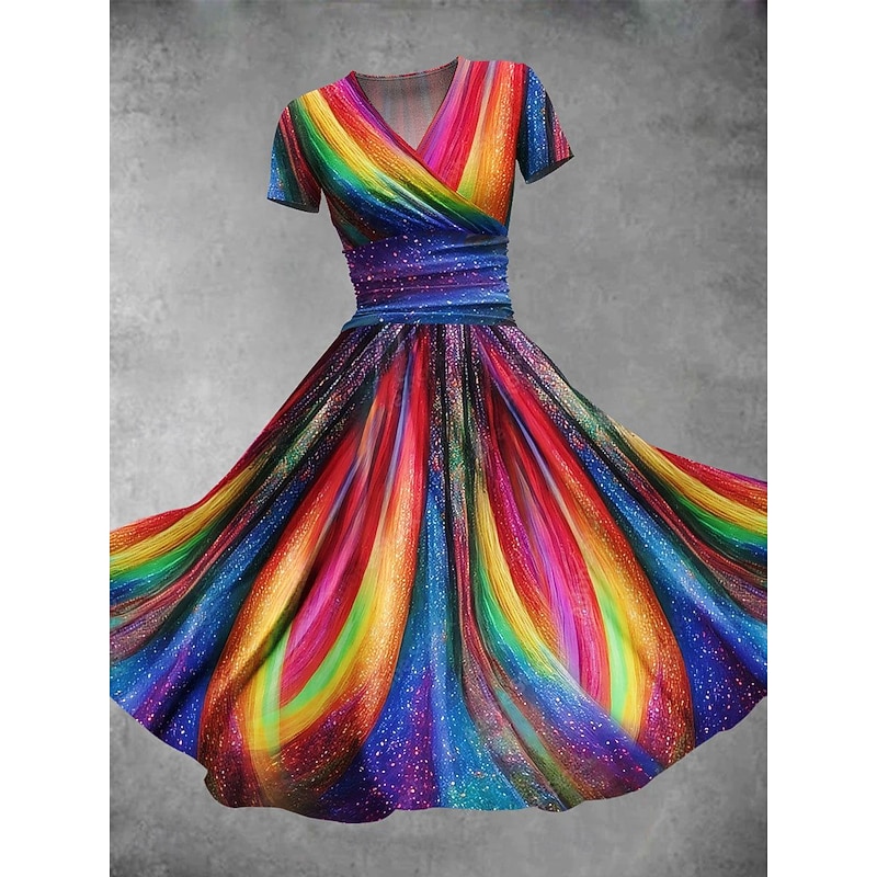 Women's Midi Dress A Line Dress Summer Dress Fit And Flare Dress Party Casual Daily Holiday Regular Fit Graphic Geometric Color Block Short Sleeve V Neck Yellow Purple Green Summer