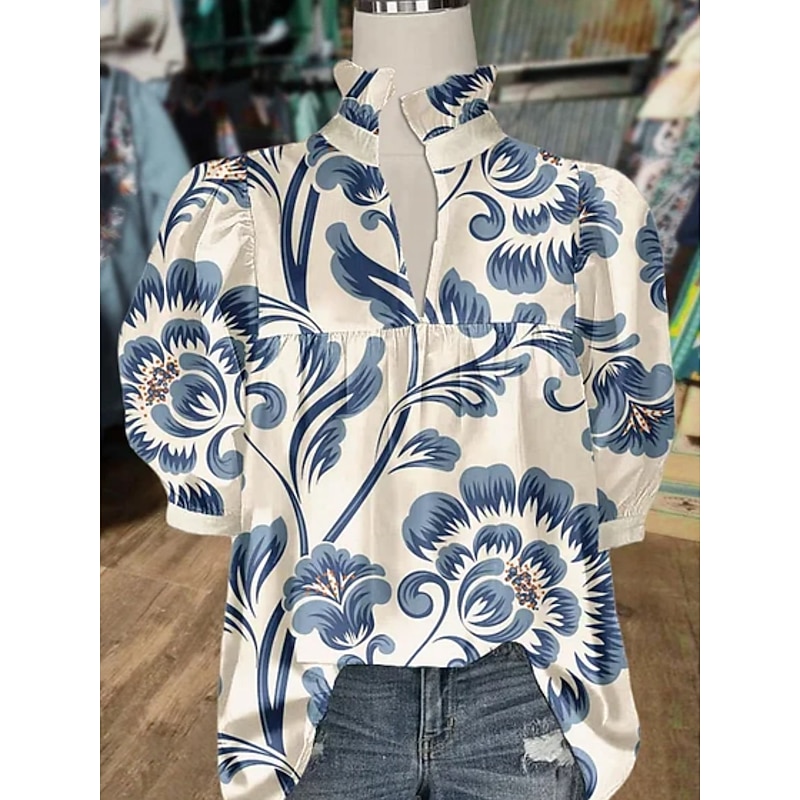 Women's Shirt Floral Stylish Modern Half Sleeve V Neck Regular Tops Daily Holiday Print White Blue Green Khaki Summer