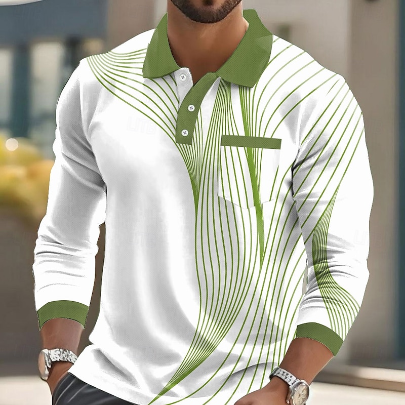 Men's Geometric Polo Long Sleeve Polo Shirts Collared Shirts Business Casual Business Athleisure Daily Wear Pocket 3D Print Buttons Spring Fall Winter Red Blue Green4