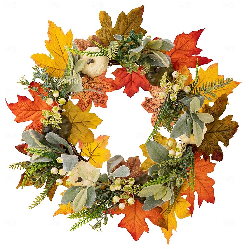 Fall Wreath for Front Door Thanksgiving Harvest Indoor Outdoor Decoration, Green and White Pumpkin Vine Wreath, Autumn Harvest Season Hanging Door Decor4