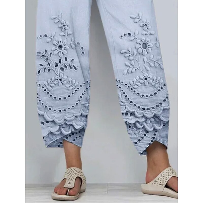Women's Chinos Baggy Pants Vacation Vintage Ethnic Style Full Length High Waist Floral Graphic 3D Drawstring Patchwork Embroidered Breathable Micro-elastic Vacation Casual Daily Pinky Robin's Egg3