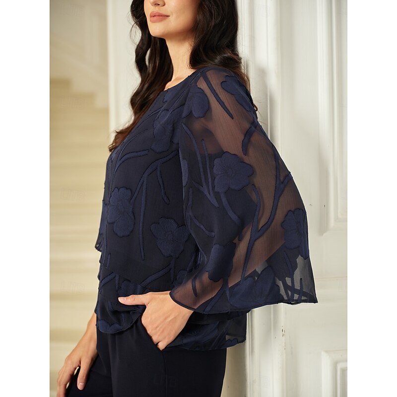 Women's Lace Shirt Blouse Dressy Tops Chiffon Tops Solid Color Floral Elegant Stylish Half Sleeve Flutter Sleeve Boat Neck Regular Tops Wedding Guest Work Daily Asymmetric Hem Eggplant Summer Spring2