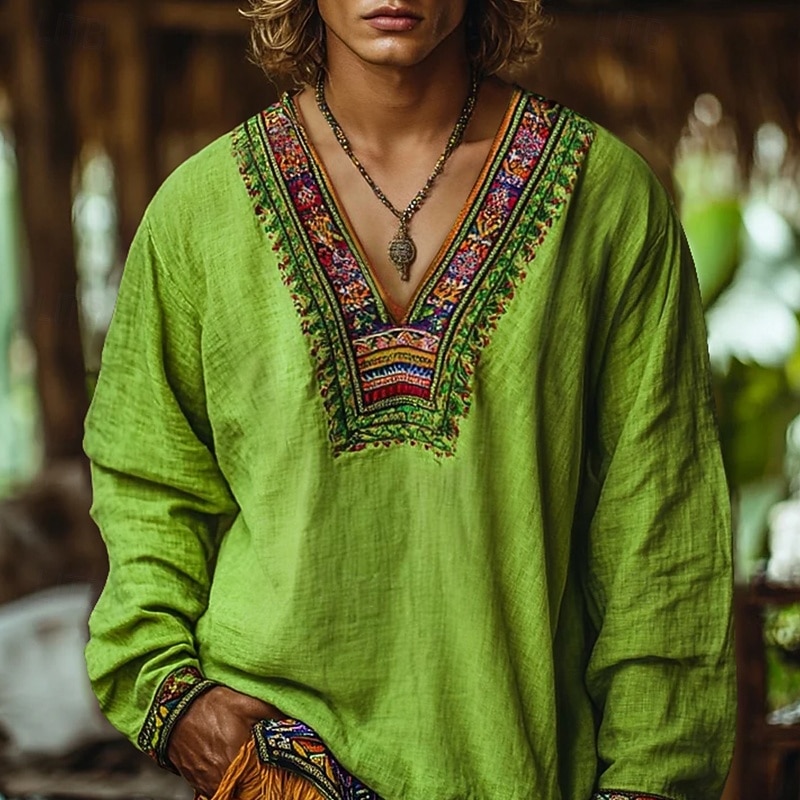 Men's Shirt Linen Shirt Viking Style Popover Shirt Summer Shirt Beach Wear Ethnic Vacation Casual Green Long Sleeve V Neck Summer Spring Clothing Apparel2