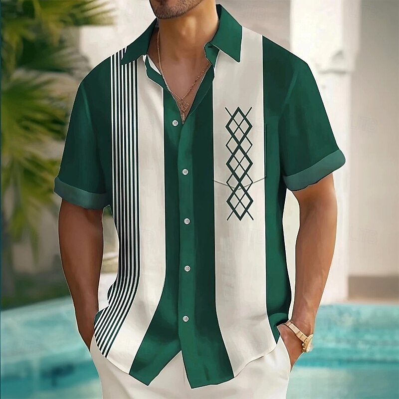 Men's Geometric Striped Grid / Plaid Shirt Summer Shirt Button Up Shirt Short Sleeve Fashion Casual Outdoor Vacation Dailywear Summer Spring Turndown 3D Print Collared Shirts Front One Pocket Red4