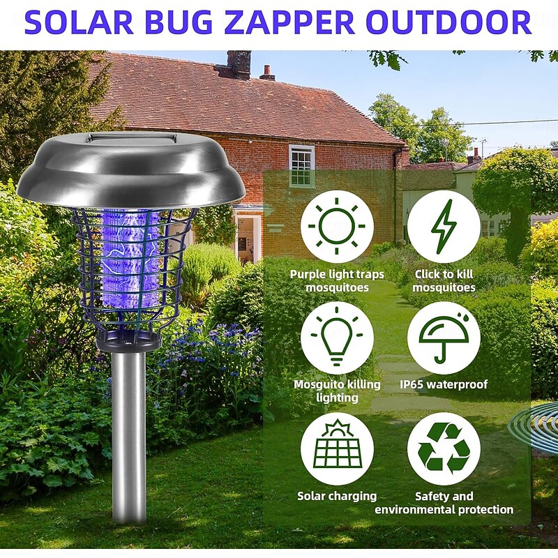 Solar Bug Zapper Waterproof Outdoor Mosquito Zapper Killer and Lighting Repellent Lamp for Indoor Outdoor Use Garden Patio Purple and White Light (Stainless Steel - Silver)2