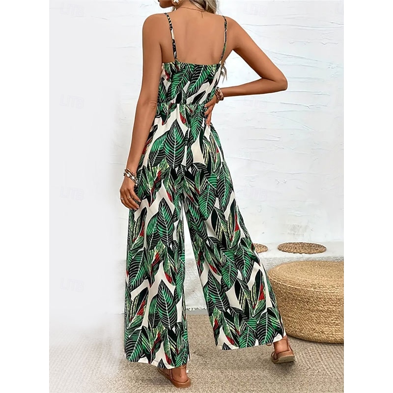 Women's Normal Jumpsuit Active Floral Sleeveless V Neck Backless High Waist Vacation Daily Regular Fit Green Summer2