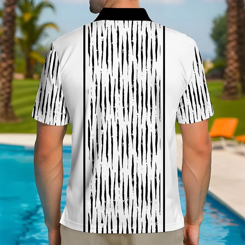 Men's Line Polo Short Sleeve Turndown Casual Daily Athleisure Buttons Summer Black White2