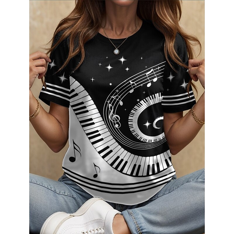 Music Festival Women's T Shirt Graphic Geometric Vintage Stylish Classic Short Sleeve Crew Neck Round Neck Regular Tops Daily Weekend Print Black and White White / Black Summer Spring