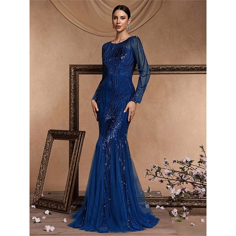 Mermaid / Trumpet Quinceanera Dresses Elegant Dress Formal Wedding Floor Length Long Sleeve Crew Neck Polyester with Sequin3