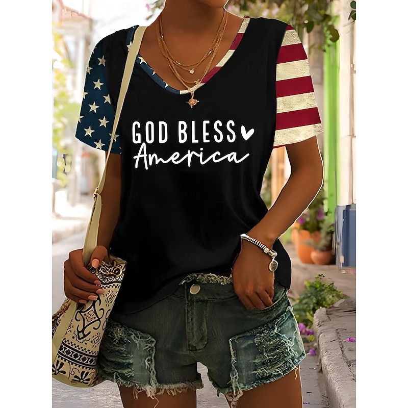 Women's Patriotic  T Shirt Graphic American Flag Vintage Stylish Classic Short Sleeve V Neck Regular Tops Daily Weekend Print Black Blue Green Gray Summer Spring