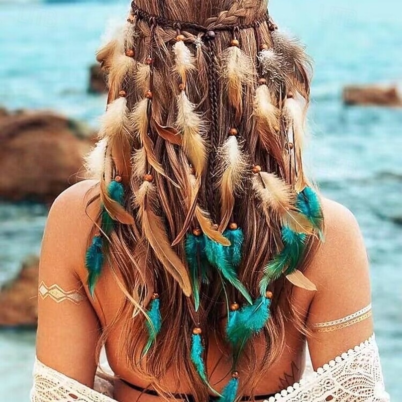 Boho Feather Headband Hippie Headpiece Gypsy Indian Costume Headdress Bohemian Hair Accessories for Women and Girls A Blue Red