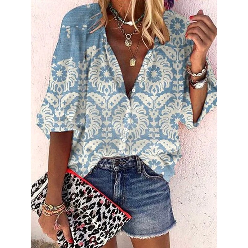 Women's Summer Tops Floral Graphic Paisley Vintage Daily Stylish 3/4 Length Sleeve V Neck Regular Tops Daily Print Maroon Sky Blue Dusty Blue Rose Pink Light Blue Summer Spring Fall