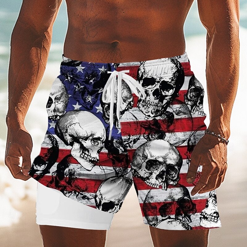 Independence Day Men's US Flag Patriotic Skulls Lined Shorts 2 in 1 Board Shorts Swim Trunks Mid Waist Holiday Side Pockets With Compression Liner Elastic Drawstring Waist Designer Clothing Apparel4