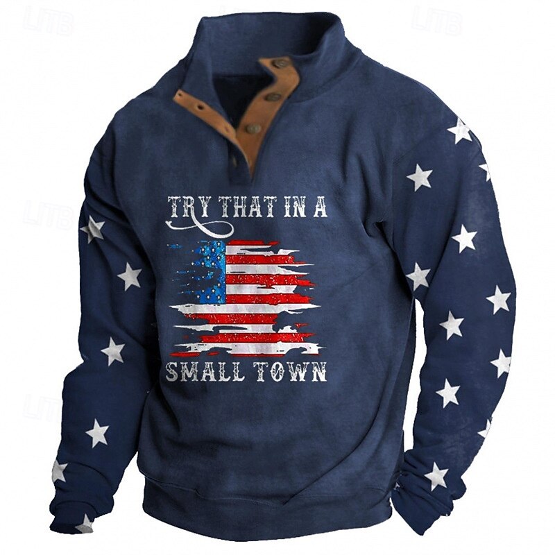 Men's Sweatshirt Black Navy Blue Standing Collar Graphic American Flag Print Daily Holiday Going out Polyester Streetwear Casual Fall Winter Clothing Apparel Hoodies Sweatshirts  Long Sleeve