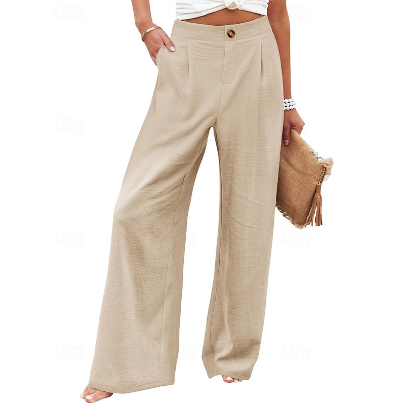 Women's Slacks Straight Streetwear Casual Full Length Natural Plain Pocket Comfy Outdoor Outdoor Vacation Apricot Grey Black White Summer Regular Fit