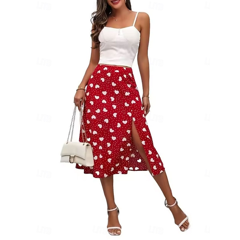 Women's Skirt A Line Fashion Casual Above Knee High Waist Skirts Polka Dot Print Micro-elastic Street Daily Red Summer Polyester4